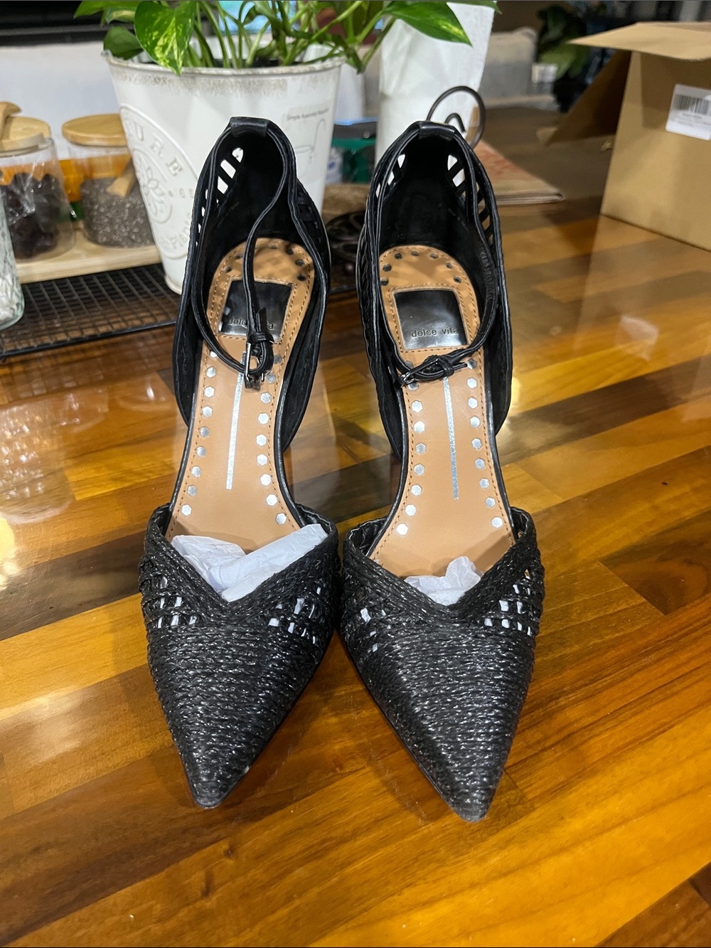 LIKE NEW Dolce Vita Black Woven Pointed-Toe Ankle-Strap Heels